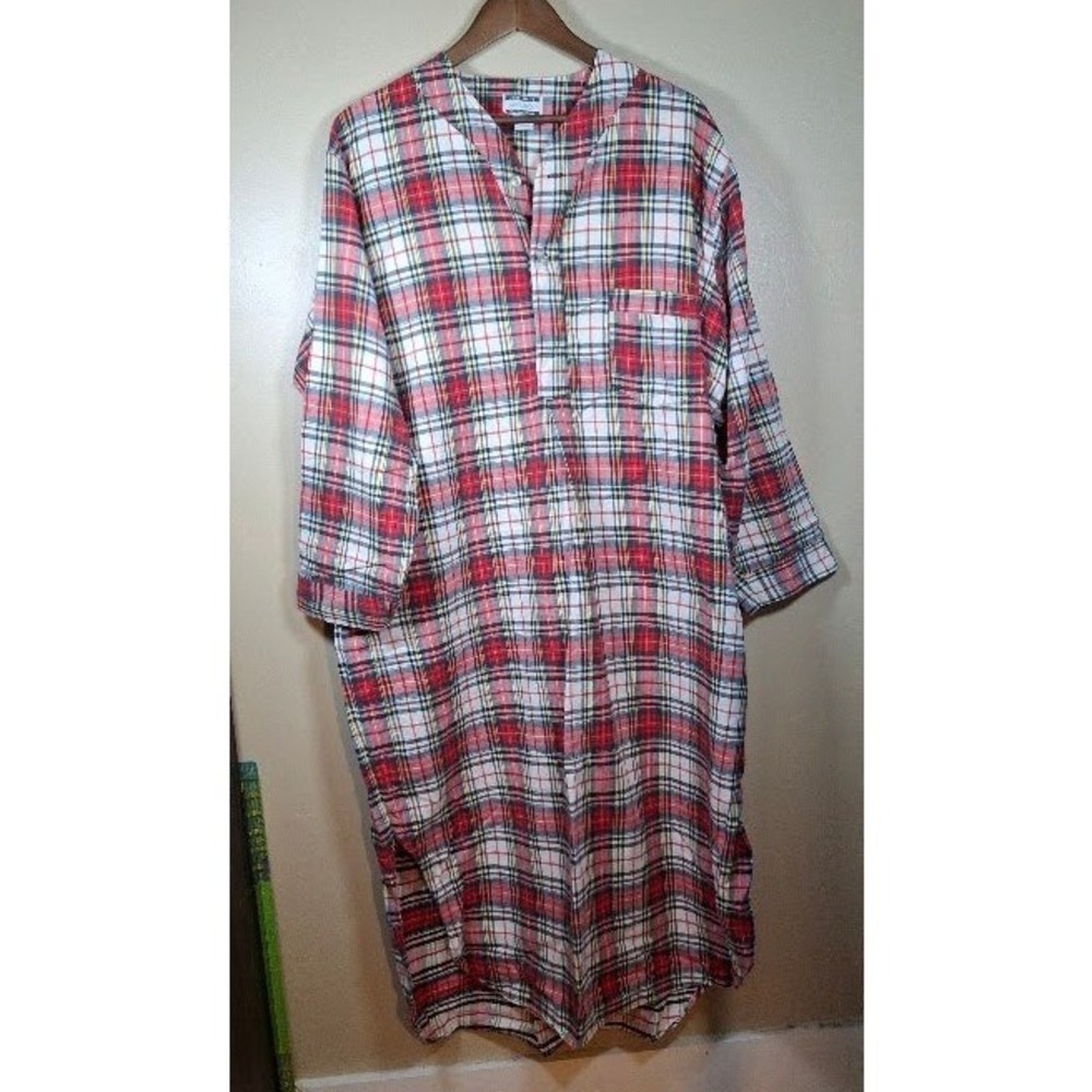 Vintage John Weitz Lord & Taylor Mens Plaid Flannel Nightshirt Red White Blue L